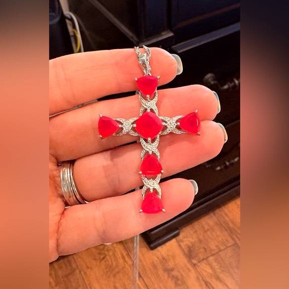 Beautiful Authentic Natural Ruby & Silver Cross Pendant Necklace - Picture 2 of 7